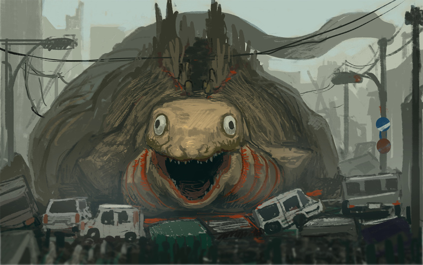 car, denchi_(kdti), gills, godzilla_(series), ground_vehicle, kaijuu, monster, monster_in_kamata_(shin_godzilla), motor_vehicle, power_lines, sharp_teeth, shin_godzilla, spoilers, teeth, traffic_light