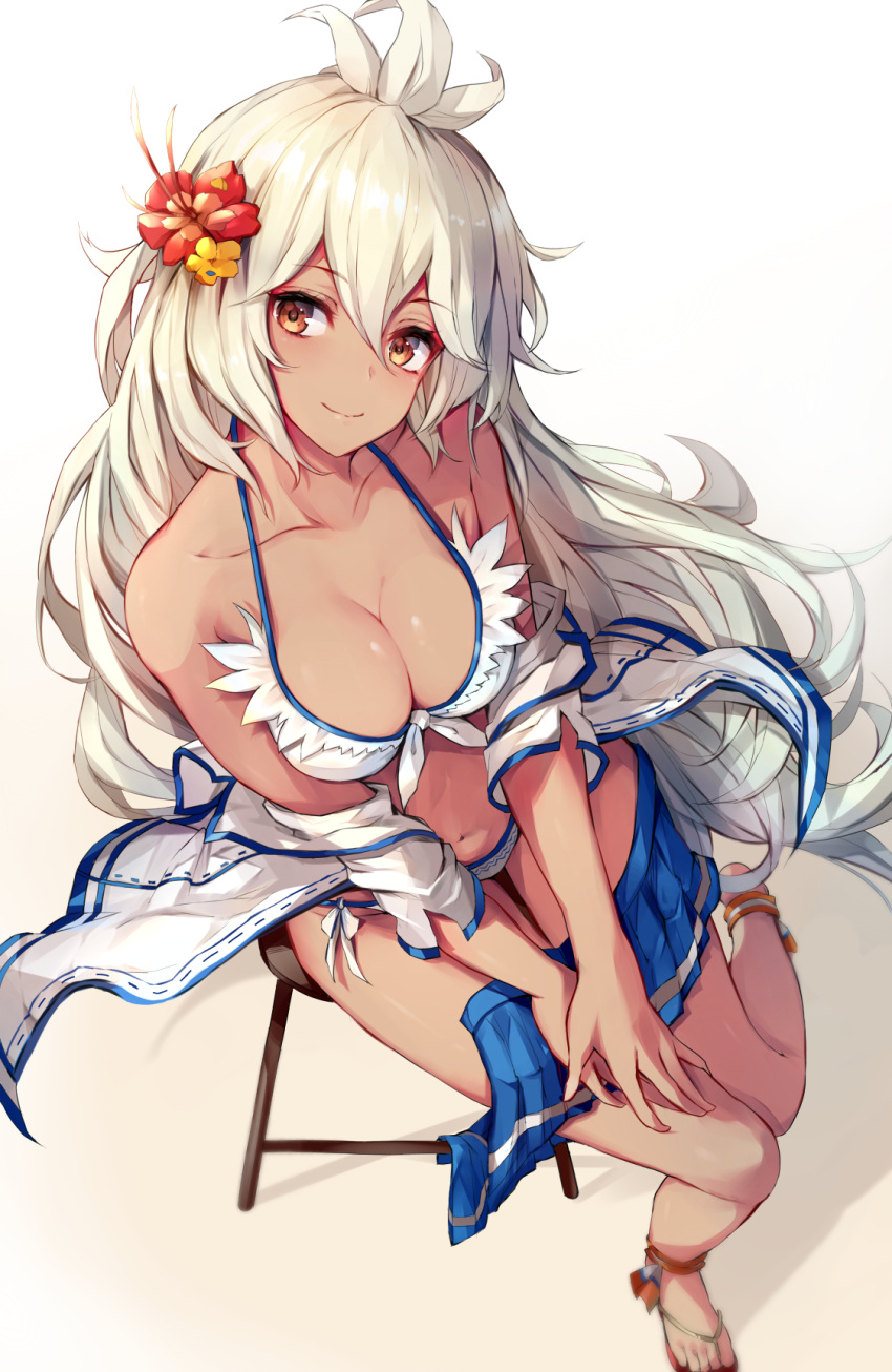 1girl, ahoge, anklet, bikini, blush, breasts, brown_eyes, cleavage