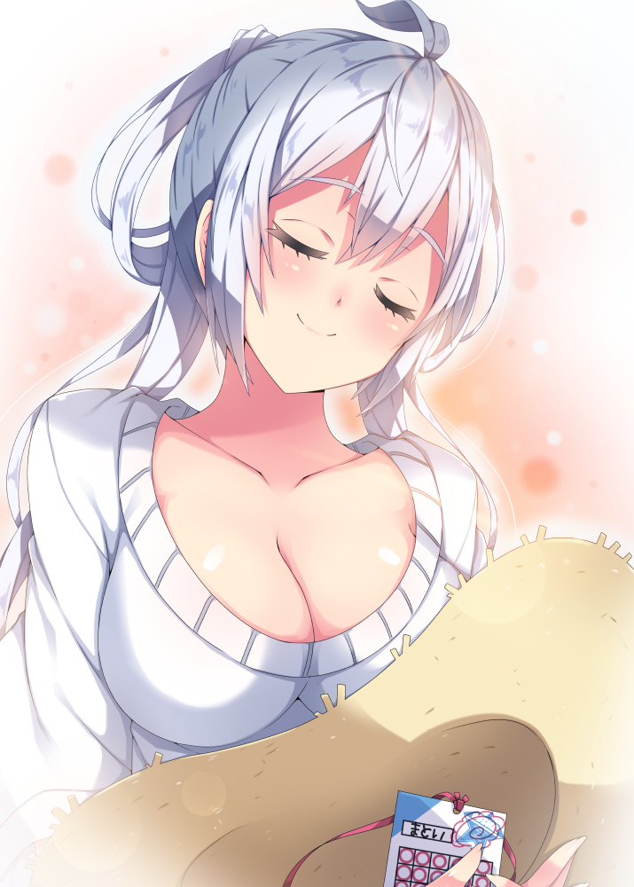1girl, ahoge, breasts, casual, cleavage, collarbone, hat, hat_removed