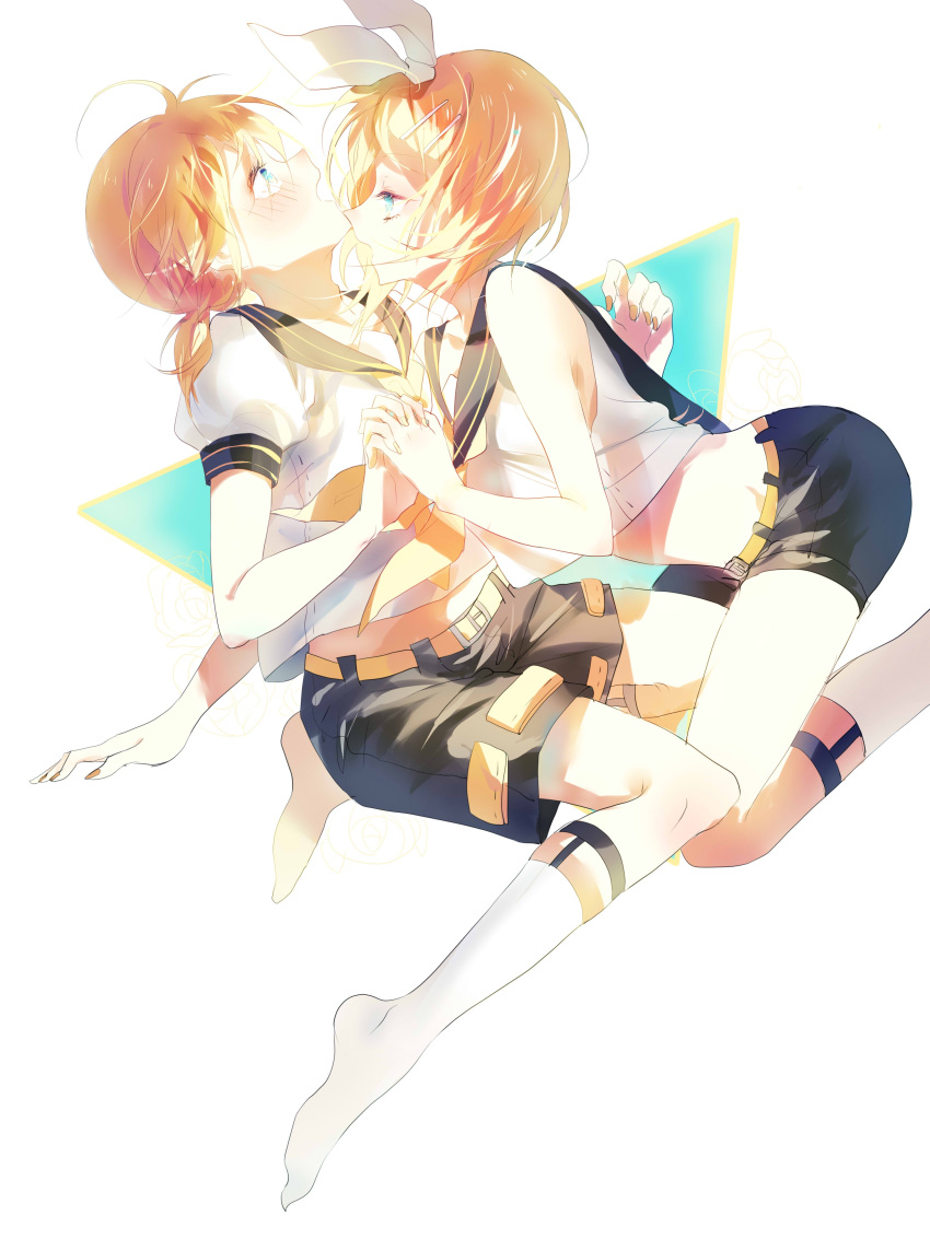 1boy, 1girl, absurdres, alkali, blonde_hair, blue_eyes, blush, brother_and_sister, couple, hair_ornament, hair_ribbon, hairclip, highres, incest, interlocked_fingers, kagamine_len, kagamine_rin, matching_outfit, midriff, open_mouth, ribbon, sailor_collar, short_hair, shorts, siblings, twincest, twins, vocaloid