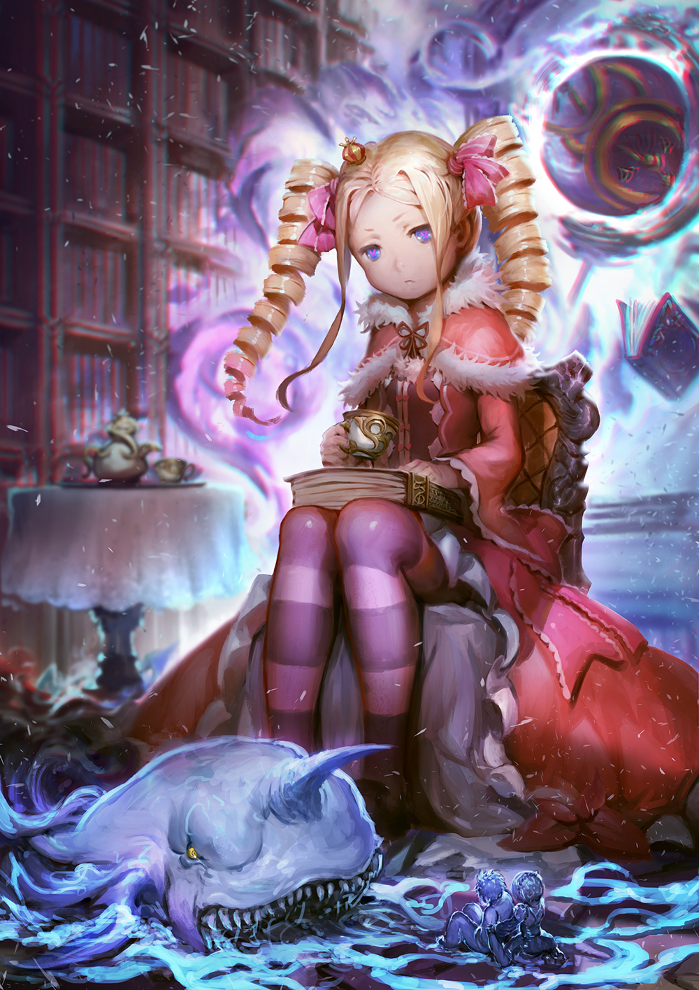1girl, beatrice_(re:zero), blonde_hair, book, capelet, crown, cup, dress, drill_hair, dust, fish, fur_trim, hair_ribbon, highres, library, long_hair, long_sleeves, magic, mini_crown, monster, natsuki_subaru, pantyhose, re:zero_kara_hajimeru_isekai_seikatsu, rem_(re:zero), ribbon, sidelocks, sitting, solo_focus, spoilers, striped, striped_legwear, symbol-shaped_pupils, teacup, teeth, twin_drills, violet_eyes, water, zuzu_sensei