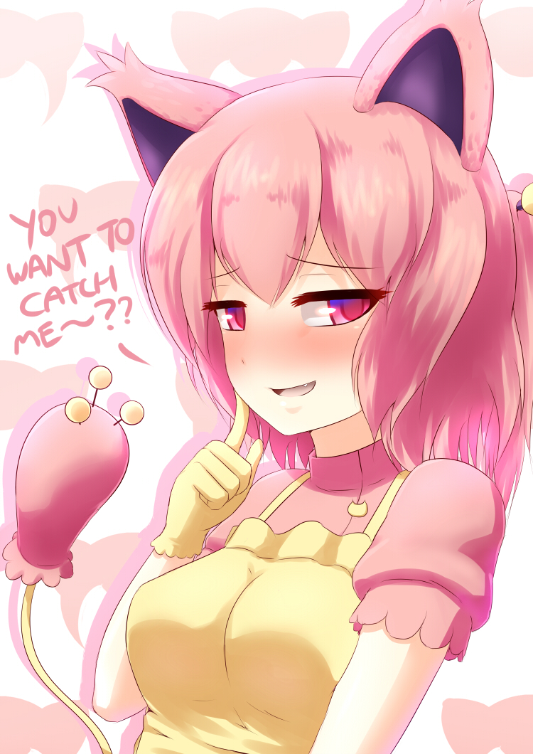apron, fang, fang_out, finger_to_cheek, jogie_(artist), personification, pink_eyes, pink_hair