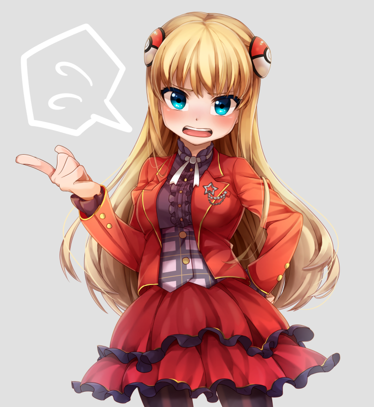 1girl, ameiro_pk, black_legwear, blonde_hair, blue_eyes, flying_sweatdrops, hair_ornament, hand_on_hip