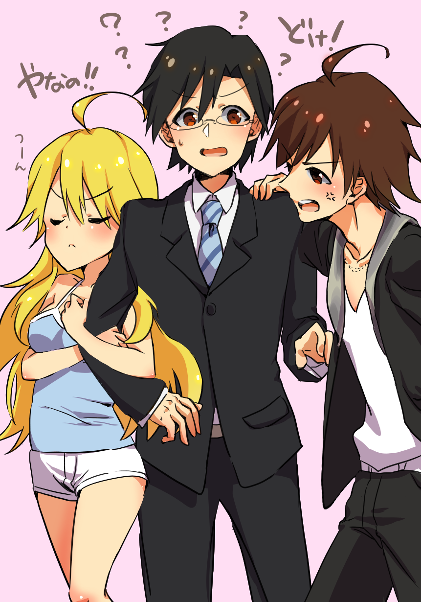 1girl, 2boys, ?, ahoge, amagase_touma, anger_vein, antenna_hair, black_hair