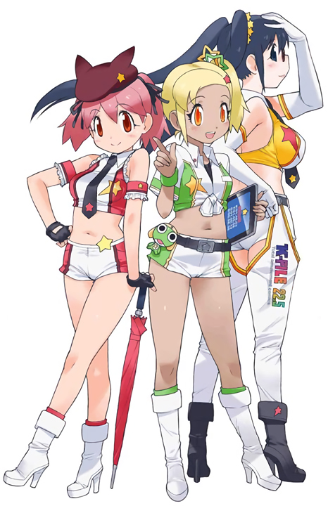 3girls, angol_mois, arm_garter, black_gloves, black_hair, blonde_hair, boots, chaps