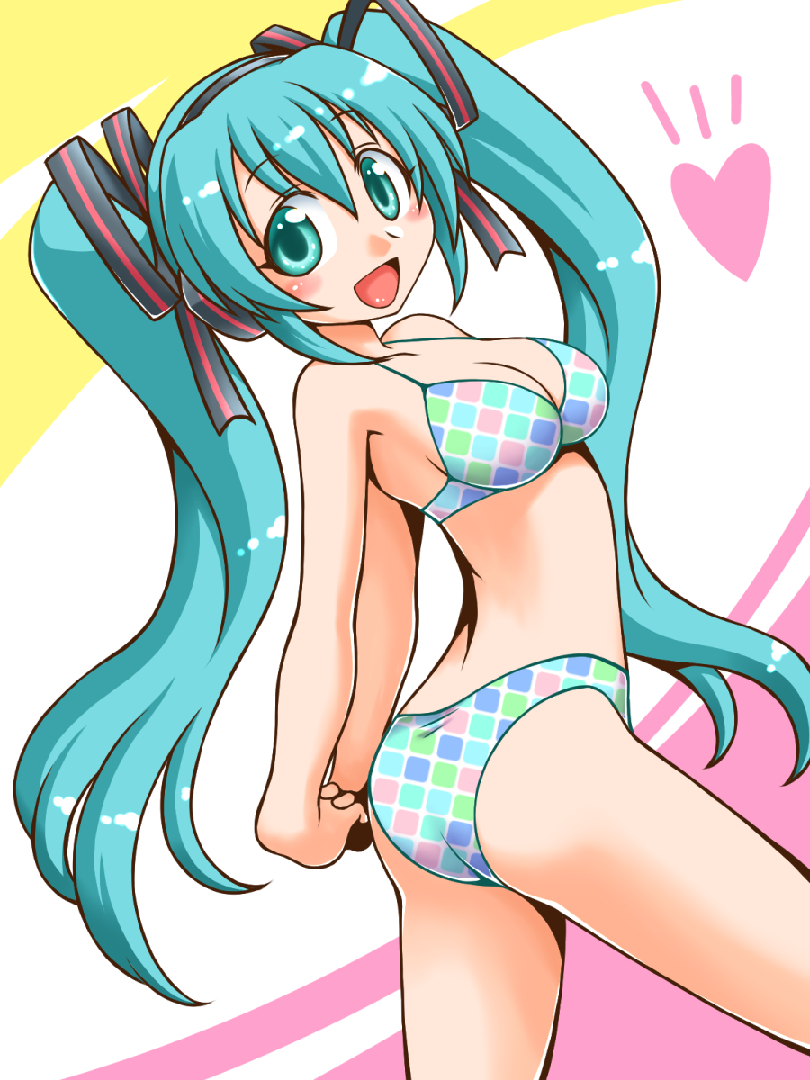 1girl, aqua_eyes, aqua_hair, arched_back, arms_behind_back, bikini, from_side, hair_ribbon