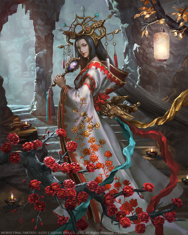 1girl, 2015, amaterasu_(mythology), black_hair, detached_sleeves, fire, flame, floral_print