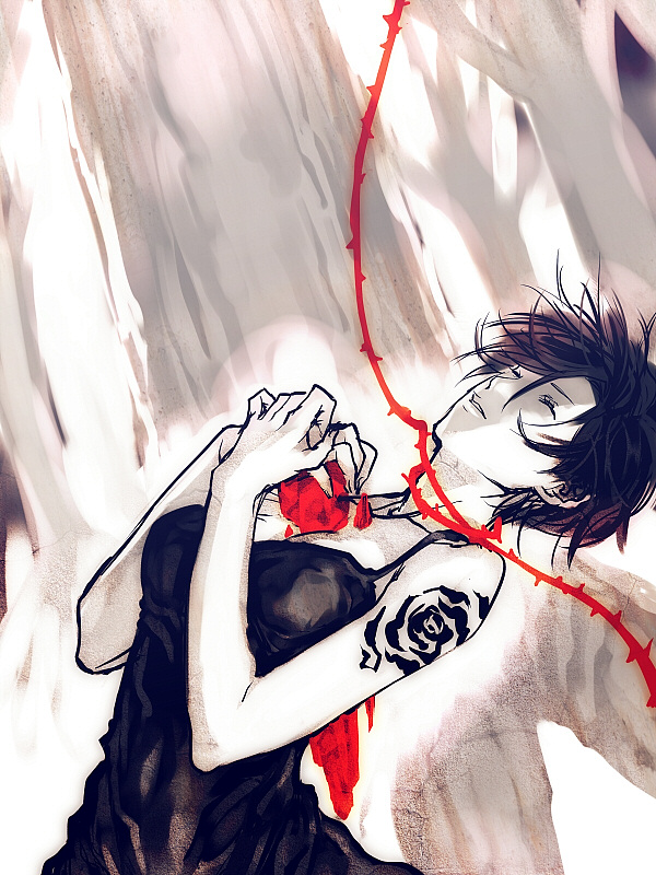 brown_hair, cleavage, closed_eyes, doutoku_no_jukai_(vocaloid), dress, flower, forest_of_moral, meiko