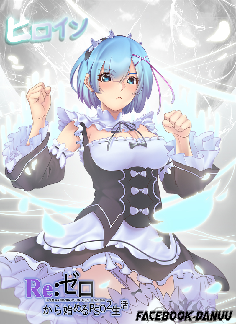 1girl, :<, blue_eyes, blue_hair, breasts, cleavage, clenched_hands, cover, danuuu, detached_sleeves, garter_straps, magic, maid, maid_headdress, re:zero_kara_hajimeru_isekai_seikatsu, rem_(re:zero), solo, thigh-highs, title_parody