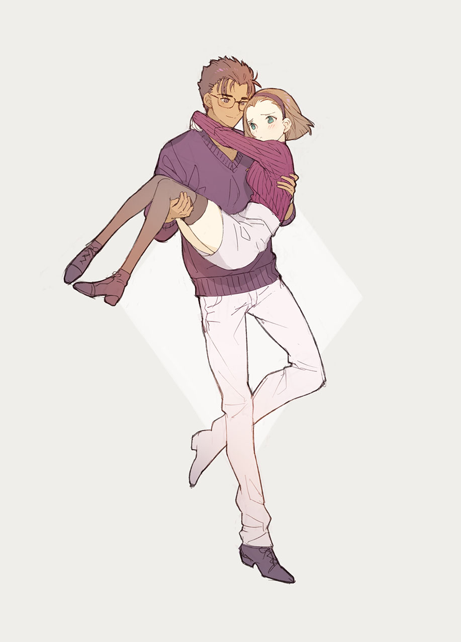 1boy, 1girl, blush, brown_hair, carrying, couple, dark_skin, glasses