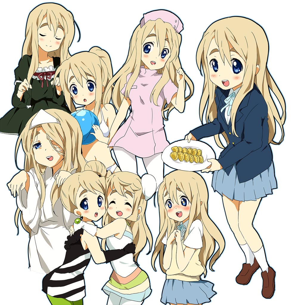 ball, bikini, blush, casual, closed_eyes, don't_say_"lazy", don't_say_lazy, fuwafuwa_time, ghost, hitaikakushi, japanese_clothes, k-on!, kimono, kotobuki_tsumugi, maruki_(punchiki), mod_fashion, multiple_persona, nurse, pantyhose, school_uniform, solo, swimsuit, takuan, triangular_headpiece, white_legwear, white_pantyhose