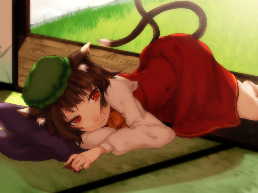 1girl, animal_ears, brown_hair, cat_ears, cat_tail, chen, claws, expressionless, grass, hat, highres, jewelry, long_sleeves, looking_at_viewer, lying, mob_cap, multiple_tails, nekomata, on_side, red_eyes, ribbon, shadow, short_hair, single_earring, skirt, skirt_set, sliding_doors, slit_pupils, solo, subaru18, tail, tatami, touhou, veranda