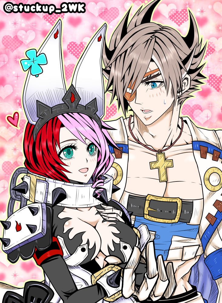 1boy, 1girl, alisa_boskonovich, android, asymmetrical_hair, blue_eyes, breasts, cleavage