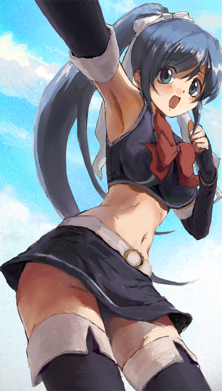 elbow_gloves, from_below, gloves, hair_ribbon, kaji_(pixiv), kajo, midriff, miniskirt