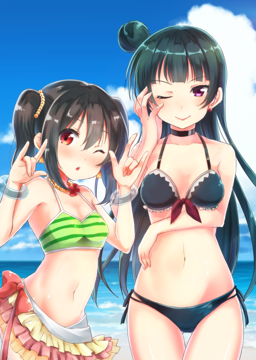 >;), 2girls, \m/, bangle, bangs, beach, bikini, bikini_skirt