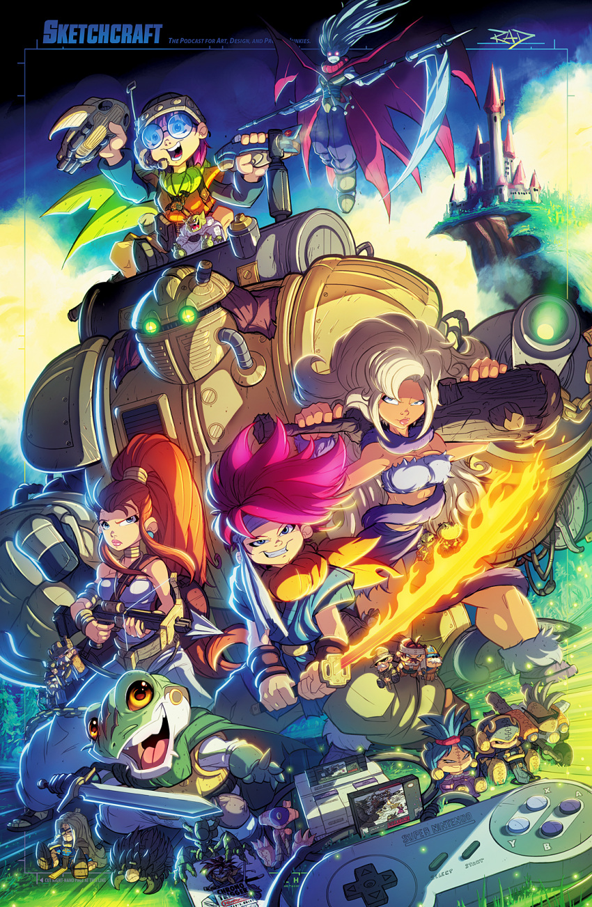 3boys, 3girls, ayla_(chrono_trigger), bow_(weapon), breasts, cape, castle, character_doll, character_request, chrono_trigger, cleavage, cliff, club, controller, cover, crono, crossbow, doll, everyone, flaming_sword, frog, game_cartridge, game_console, game_controller, game_cover, glasses, grass, headband, helmet, highres, kaeru_(chrono_trigger), looking_at_viewer, lucca_ashtear, magus, marle, monster_boy, multiple_boys, multiple_girls, nintendo, ponytail, rob_duenas, robo, robot, scarf, scythe, smile, spiky_hair, square_enix, stuffed_toy, super_nintendo, sword, video_game, weapon