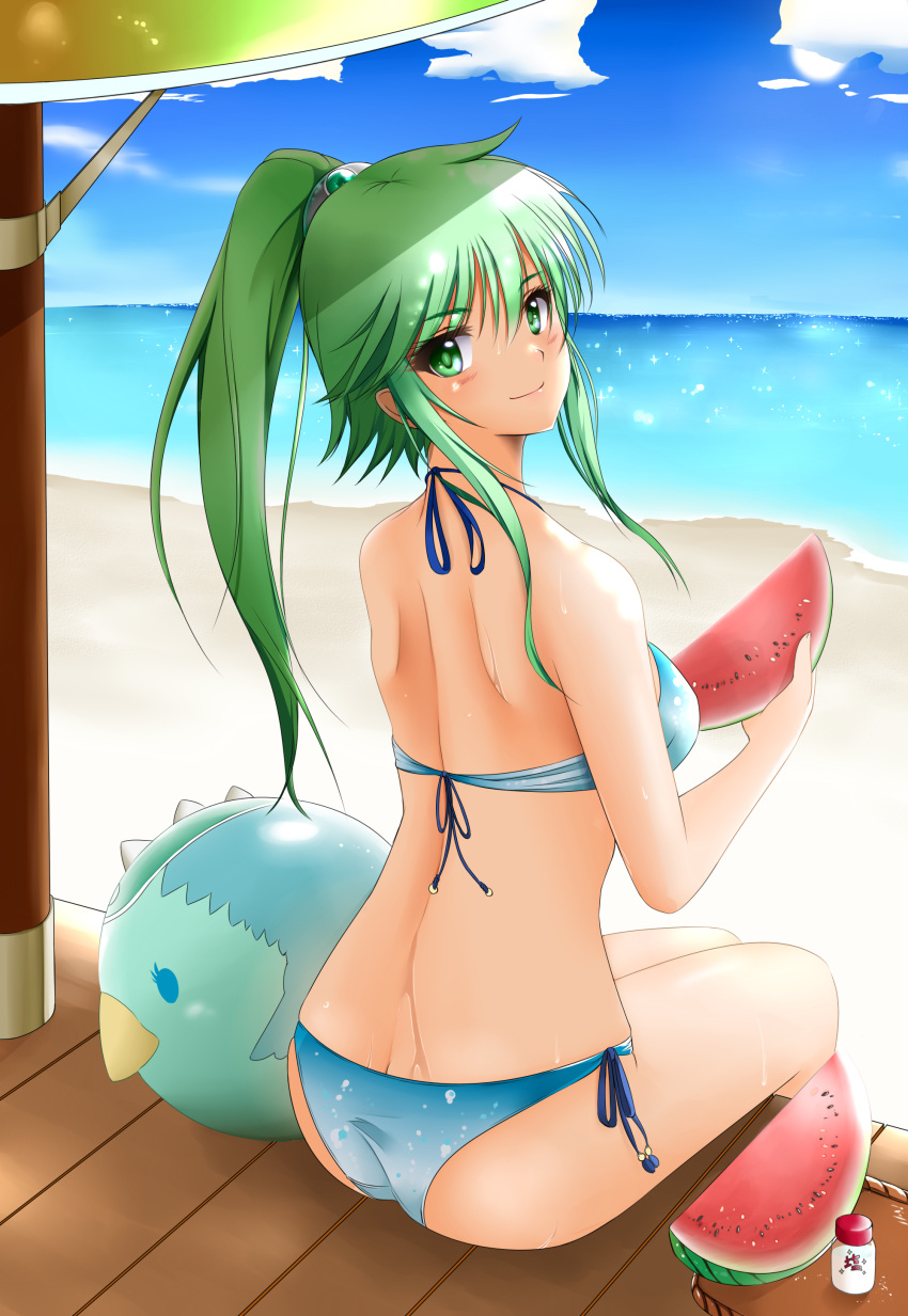 1girl, absurdres, ass, bikini, blush, breasts, duel_monster, food, fruit, green_eyes, green_hair, hair_ornament, highres, hikaru49831115, jewelry, long_hair, looking_at_viewer, looking_back, ocean, outdoors, ponytail, smile, solo, swimsuit, watermelon, winda_priestess_of_gusto, yuu-gi-ou