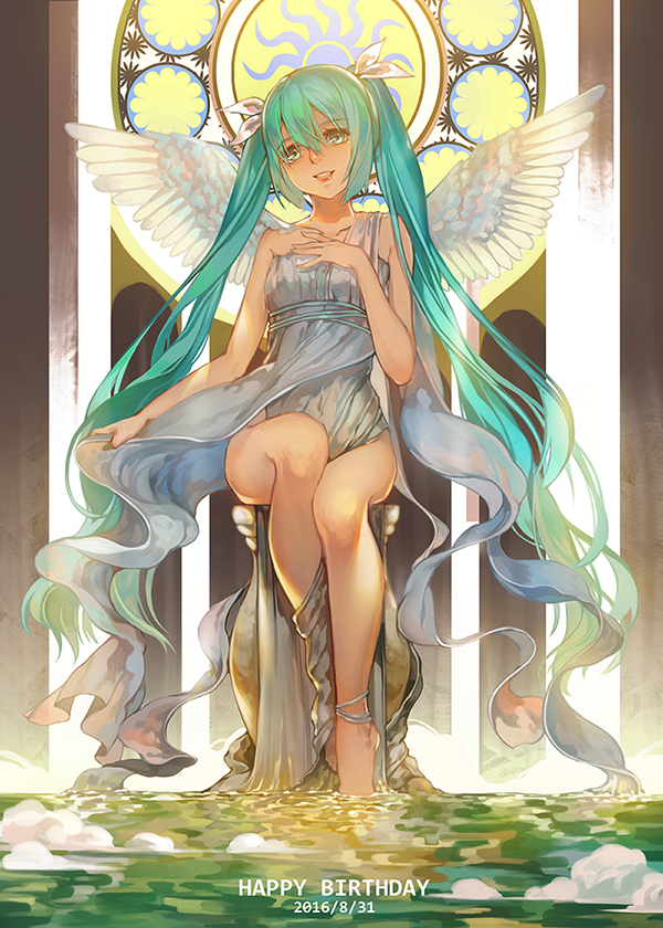 1girl, 2016, dated, green_eyes, green_hair, hand_on_own_chest, happy_birthday, hatsune_miku