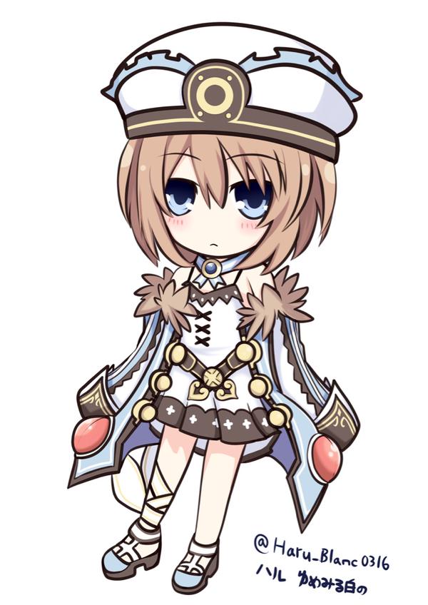 1girl, artist_name, bare_shoulders, blanc, blue_eyes, blush, brown_hair, chibi