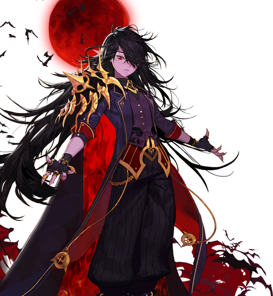 1boy, black_hair, blood_mage_(dungeon_and_fighter), coat, coattails, dungeon_and_fighter, fingerless_gloves, gloves, hair_over_one_eye, long_hair, male_focus, male_mage_(dungeon_and_fighter), moon, official_art, open_clothes, open_coat, outstretched_arms, purple_skin, red_moon, solo, waistcoat