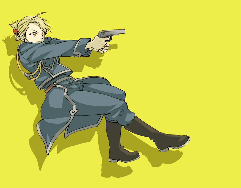 aiguillette, blonde_hair, boots, brown_eyes, fullmetal_alchemist, gun, hair_bun, handgun