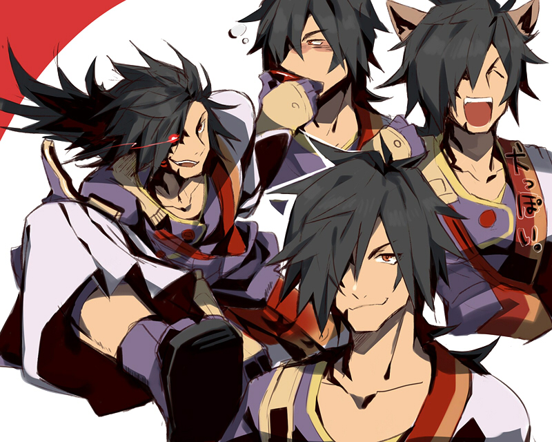 1boy, animal_ears, black_hair, blush, cat_ears, closed_eyes, daiki_(daikingairkgk), drinking, gloves, hair_over_one_eye, low_ponytail, open_mouth, orange_eyes, rokurou_rangetsu, sandals, socks, solo, tales_of_(series), tales_of_berseria, teeth, white_background