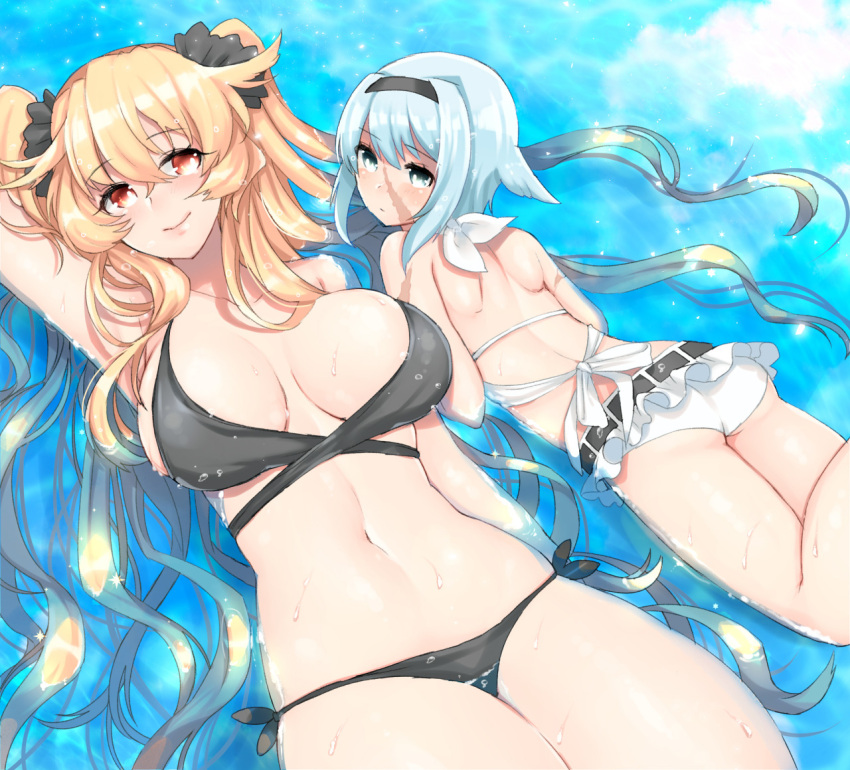 2girls, anne_bonny_(fate/grand_order), arm_up, ass, bare_back, bikini, black_bikini, blonde_hair, blue_eyes, blue_hair, breasts, fate/grand_order, fate_(series), headband, kanosigu, long_hair, lying, mary_read_(fate/grand_order), medium_breasts, multiple_girls, navel, on_back, on_stomach, red_eyes, scar, short_hair, smile, swimsuit, thighs, very_long_hair, wet, white_bikini