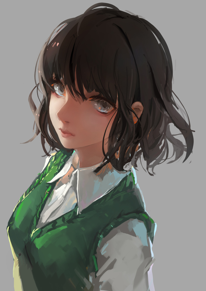 1girl, absurdres, bing_bing, black_hair, highres, kuzu_no_honkai, school_uniform, short_hair