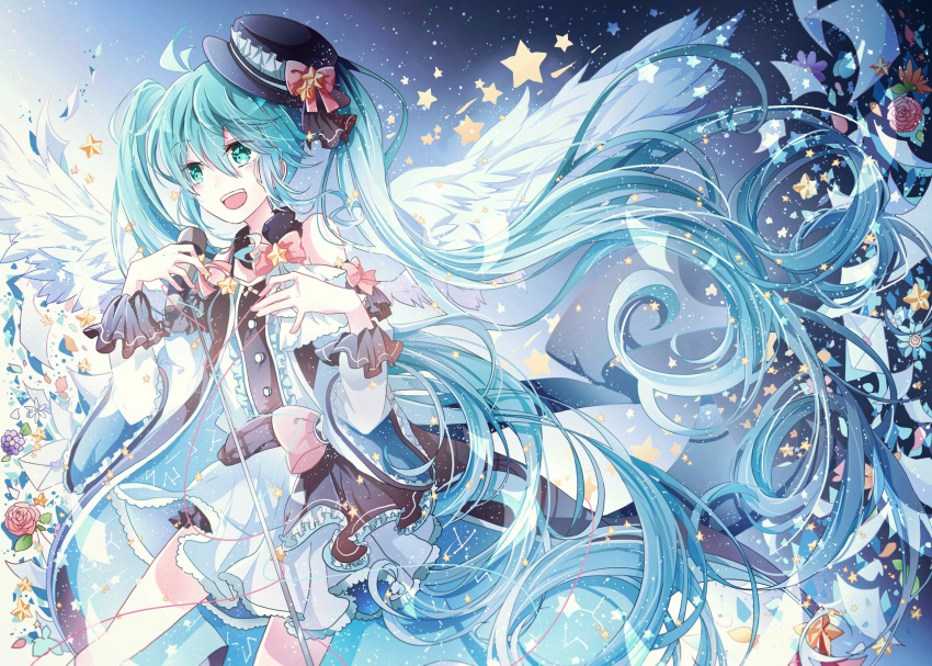 1girl, aqua_hair, azure-aoi-, flower, green_eyes, hat, hatsune_miku, highres