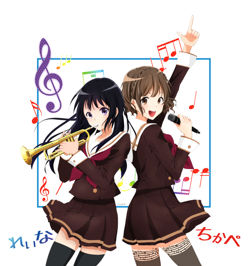 2girls, anzai_chika, black_eyes, black_hair, black_legwear, brown_eyes, brown_hair, character_name