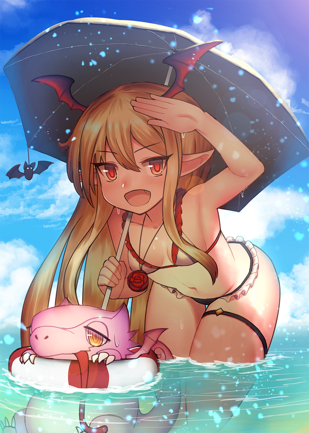 1girl, alternate_costume, besu, bikini, blonde_hair, breasts, cleavage, clouds