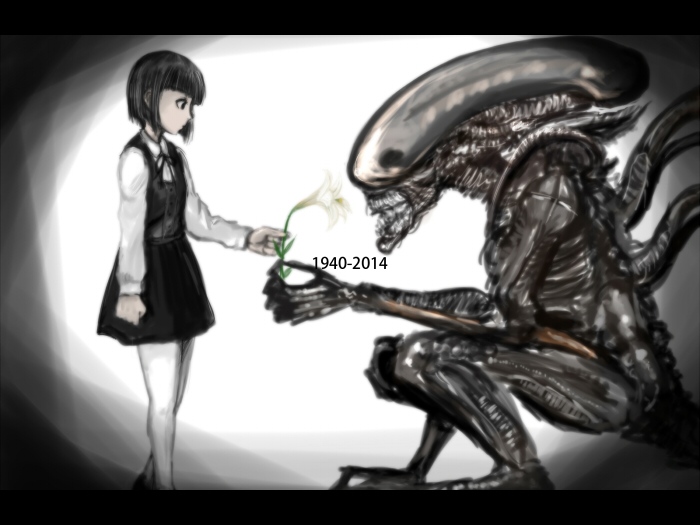 1girl, alien, alien_(movie), dated, flower, giving, h.r._giger, nullhachi
