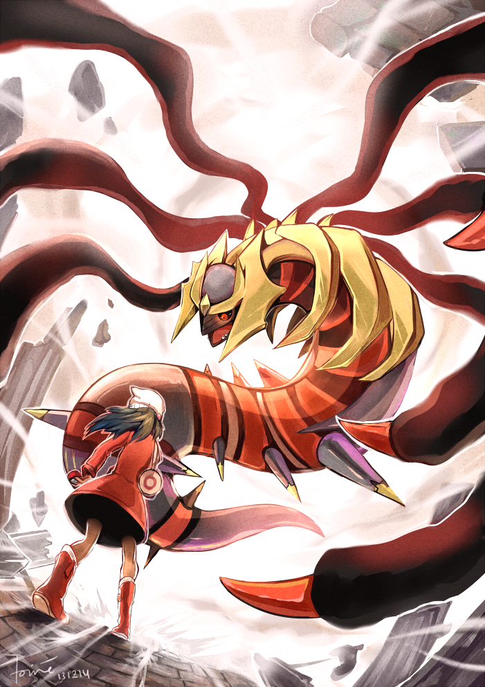 1girl, bag, boots, claws, flying, giratina, headgear, hikari_(pokemon), knee_boots, modantoire, pokemon, pokemon_(game), pokemon_dppt, skirt, spikes, winter_clothes