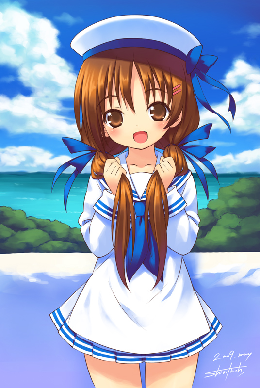 brown_eyes, brown_hair, fang, hat, hayami_ayumi, inoh_shin, inou_shin, sailor