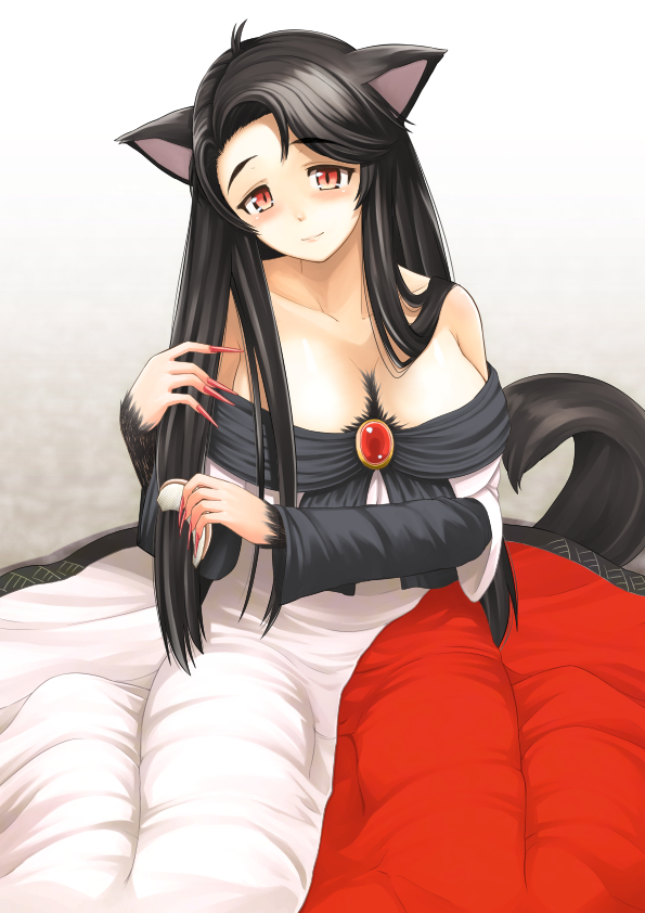 1girl, animal_ears, arm_hair, bare_shoulders, black_hair, blush, breasts, brooch