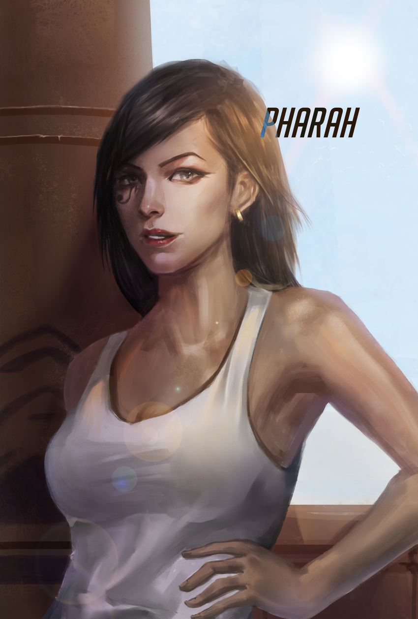 1girl, 99_(sheeu_45), absurdres, black_hair, blue_sky, breasts, brown_eyes, casual, character_name, dark_skin, earrings, eye_of_horus, eyeliner, facial_mark, facial_tattoo, hair_tubes, hand_on_hip, highres, jewelry, leaning_back, lens_flare, lips, lipstick, long_hair, looking_at_viewer, makeup, medium_breasts, nose, overwatch, pharah_(overwatch), pillar, realistic, red_lipstick, shirt, sky, solo, tank_top, tattoo, upper_body, white_shirt