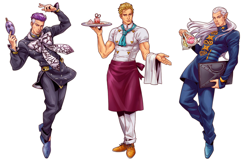 3boys, akira_atsushi, apron, bag, blonde_hair, blue_eyes, bookbag, chef