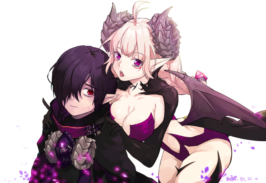 1boy, 1girl, 2016, ahoge, artist_request, black_hair, braid, breasts