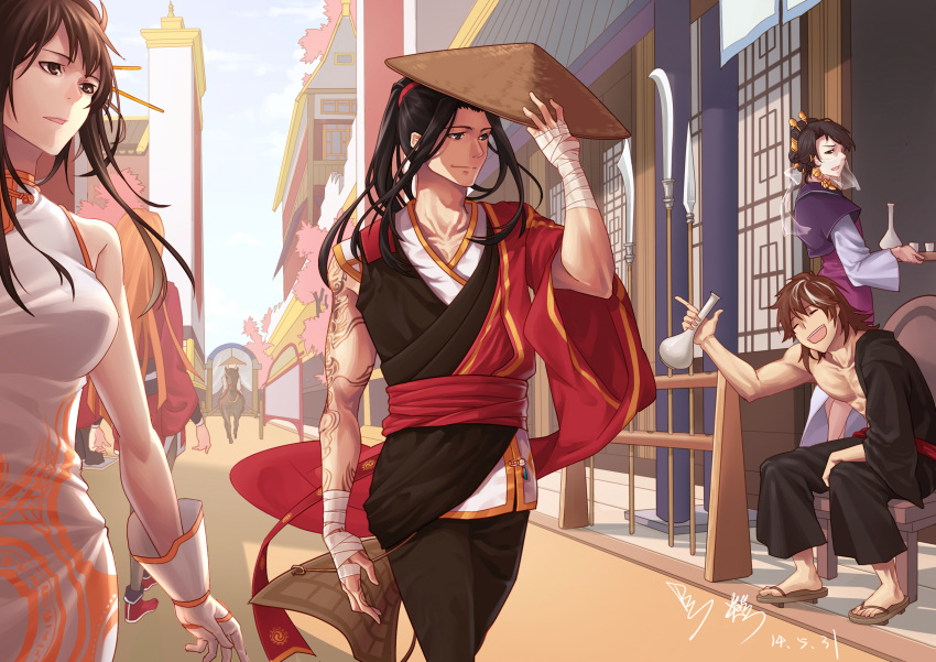 2014, 2boys, 2girls, absurdres, asymmetrical_clothes, black_hair, brown_hair, chinese_clothes