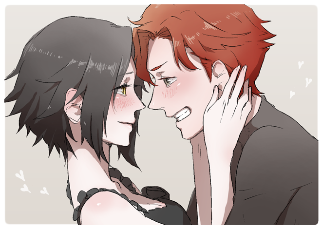 1boy, 1girl, baccano!, black_hair, chane_laforet, claire_stanfield, couple, eye_contact