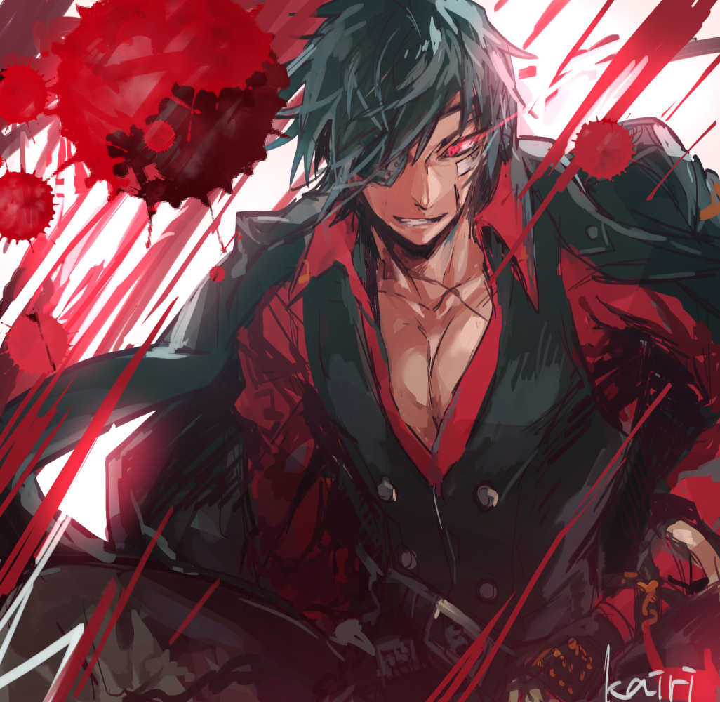 1boy, artist_name, black_hair, blood, blood_splatter, brawler_(dungeon_and_fighter), dungeon_and_fighter, evil_grin