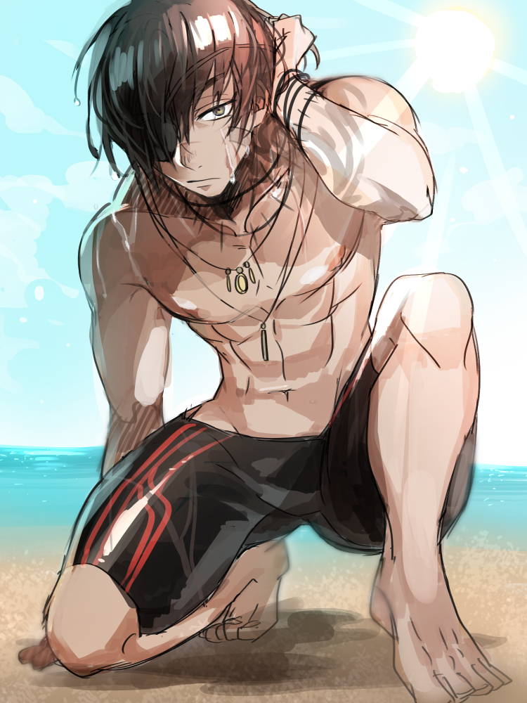 1boy, arm_support, barefoot, beach, brawler_(dungeon_and_fighter), brown_hair, dark_skin, dark_skinned_male, dungeon_and_fighter, eyepatch, full_body, hair_over_one_eye, hand_in_hair, jammers, jewelry, kneeling, lens_flare, male_fighter_(dungeon_and_fighter), male_focus, male_swimwear, necklace, scar, shirtless, solo, sunlight, swimwear