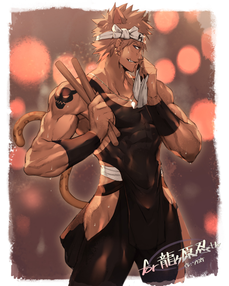 1boy, biceps, blonde_hair, drumsticks, earrings, fang, fundoshi, hachimaki