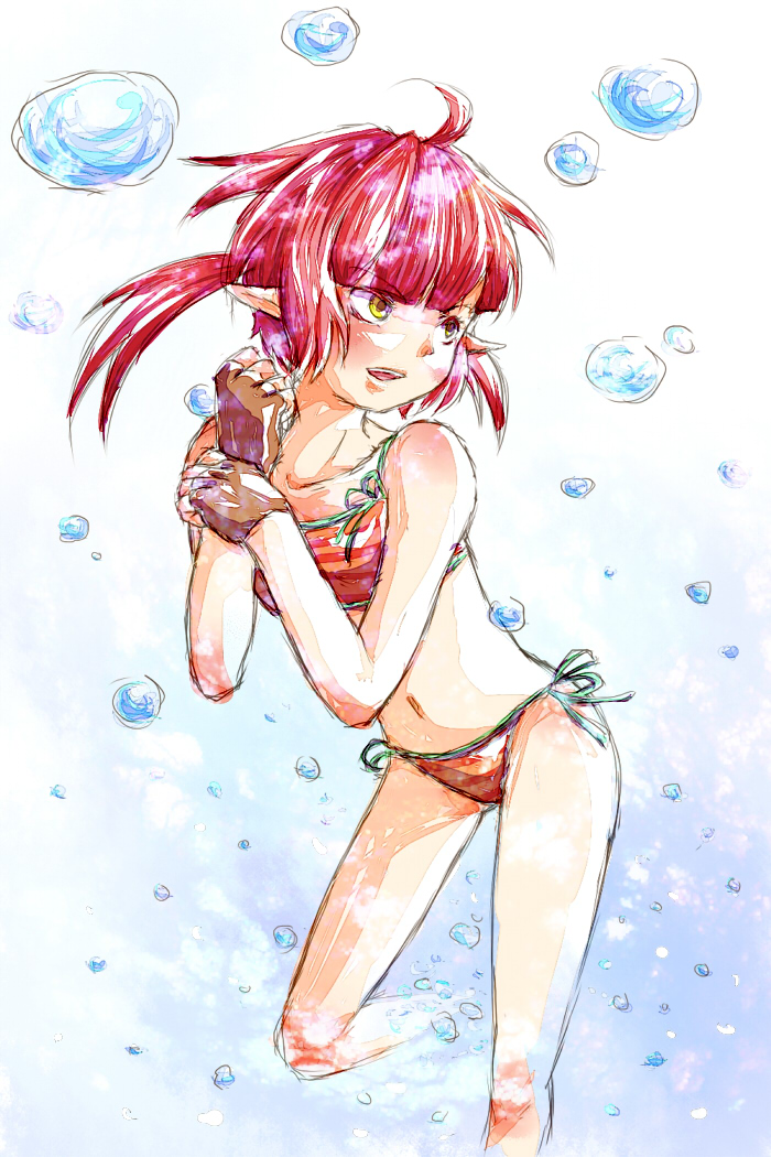 bubble, fingerless_gloves, gloves, orange_eyes, original, pointy_ears, red_hair, redhead, short_hair, side-tie_bikini, striped, striped_bikini, striped_swimsuit, suzutou, swimsuit