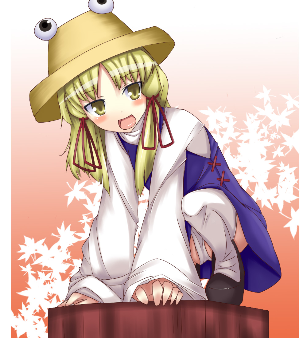 arm_support, blonde_hair, blush, gr_(artist), hair_ribbon, hat, leaf, leaf_background