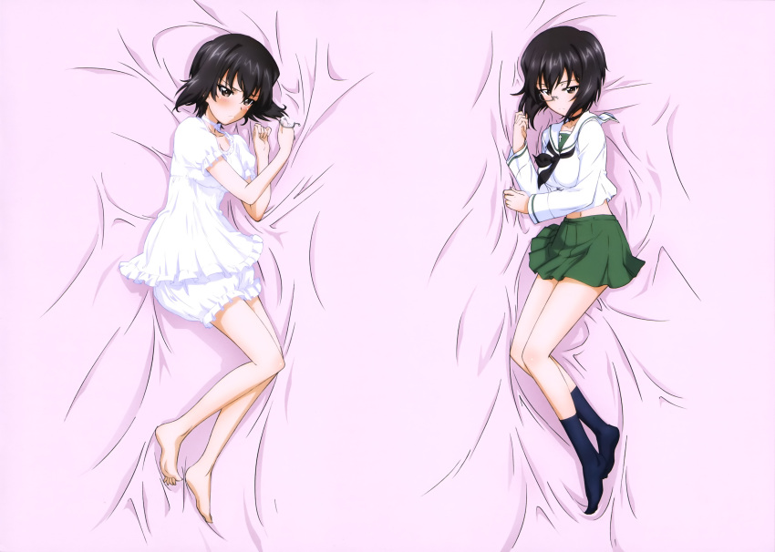1girl, absurdres, artist_request, barefoot, bed_sheet, black_hair, bloomers, blush