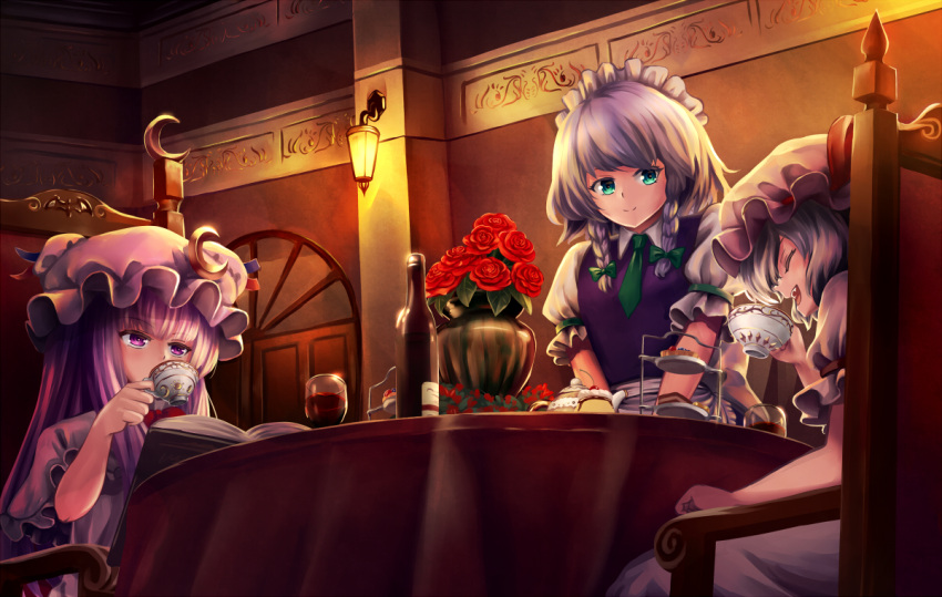 3girls, apron, arm_rest, book, bottle, bouquet, braid, chair