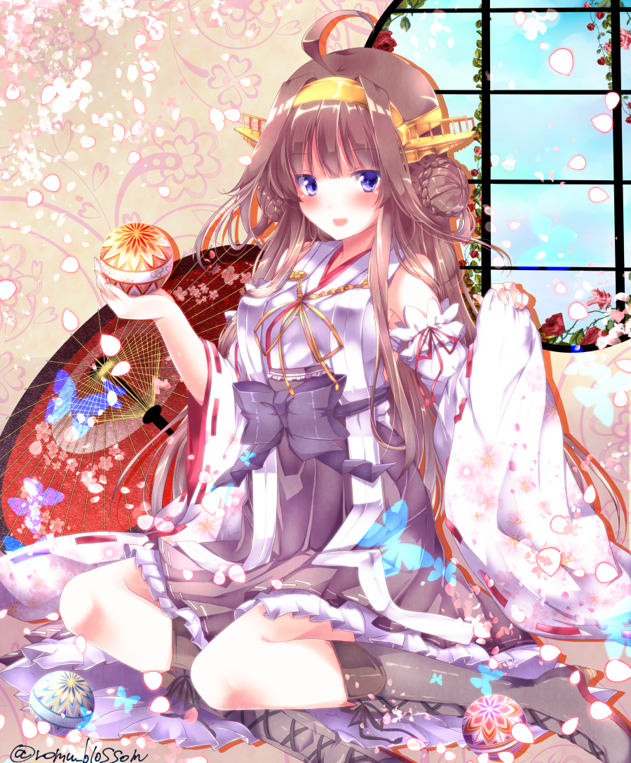 1girl, ahoge, blue_eyes, blush, boots, brown_hair, flower, hairband