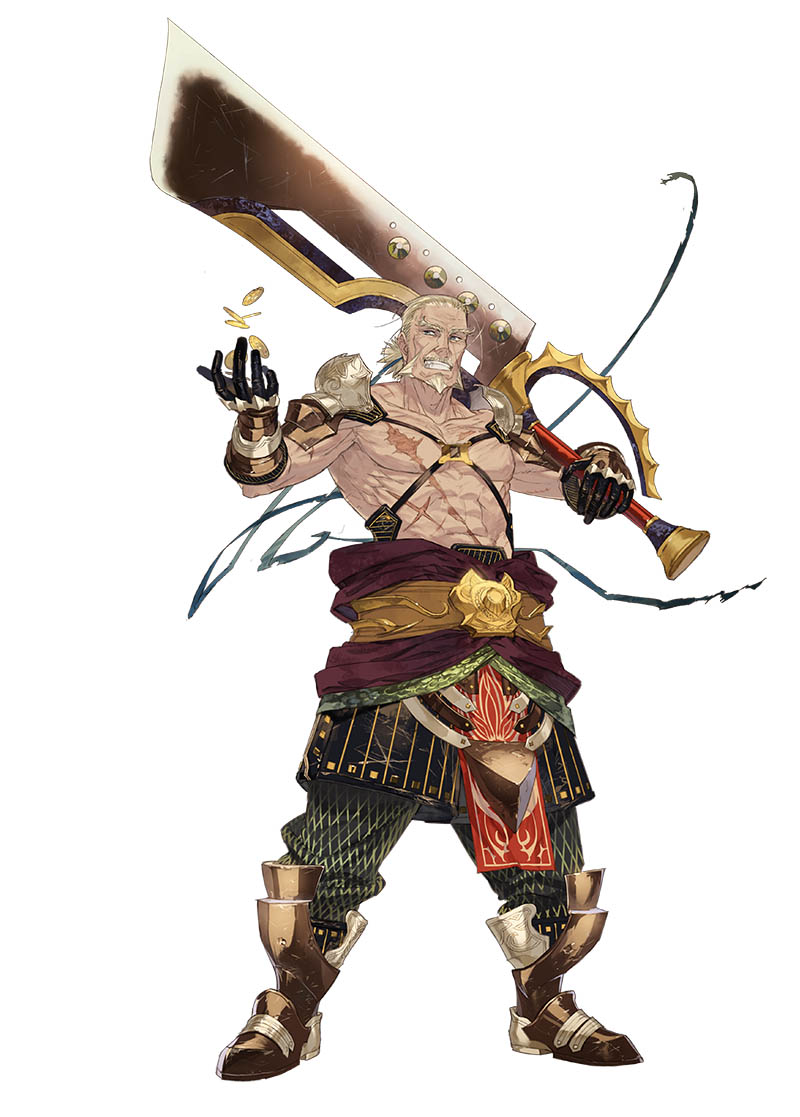 1boy, abs, angriff_dahlmann, armor, armored_boots, atelier_(series), atelier_firis, beard, blonde_hair, boots, coin, facial_hair, gloves, money, mustache, official_art, ponytail, scar, shirtless, simple_background, solo, sword, takekono, teeth, weapon, white_background