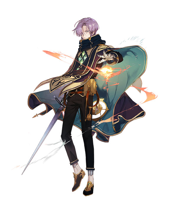 1boy, atelier_(series), atelier_firis, belt, capelet, covered_mouth, fire, gloves, official_art, purple_hair, revy_berger, simple_background, solo, sword, takekono, weapon, white_background
